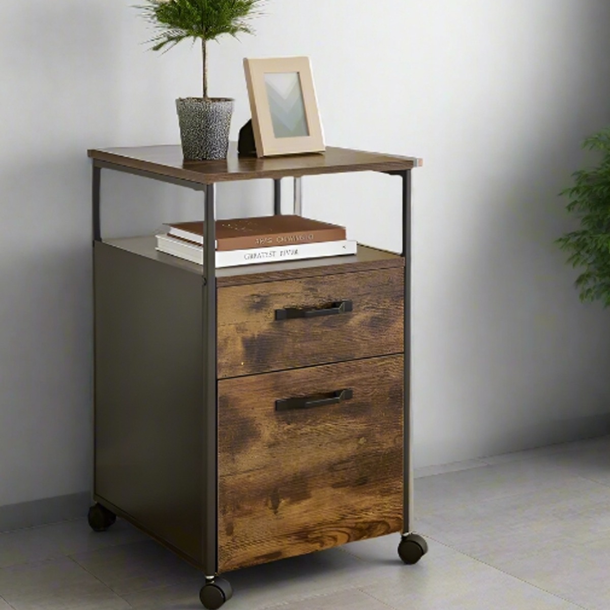 CALIVERN Filing Cabinet Drawer Unit with Wheels - Rustic Brown and Black - The Urban Forge