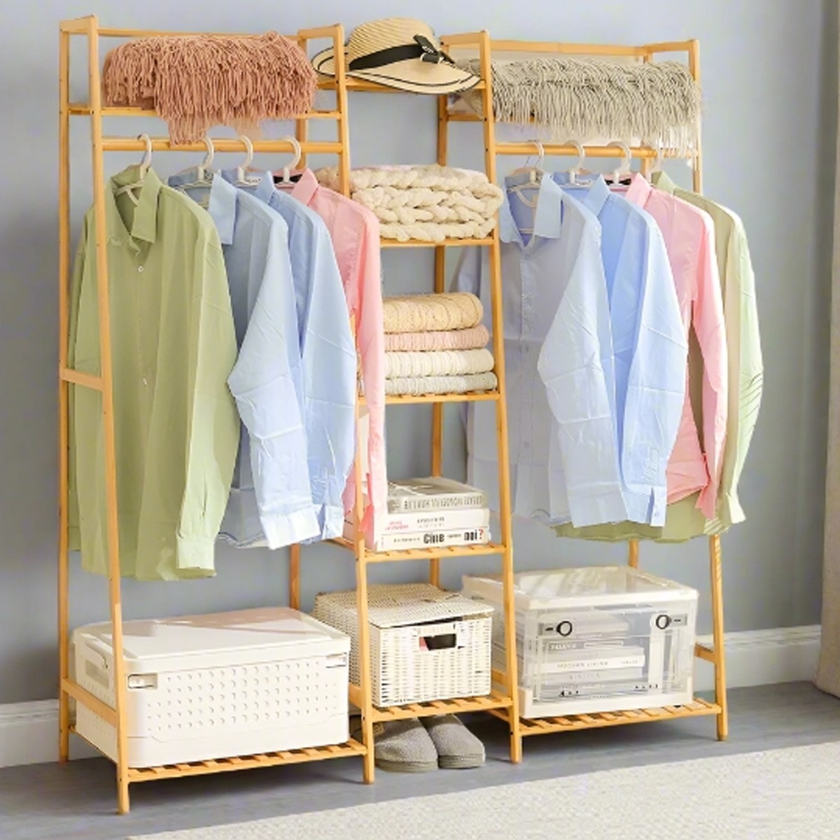 CORTHANE Clothes Rack Heavy Duty Bamboo Rail with Corner Storage Shelves - Natural - The Urban Forge