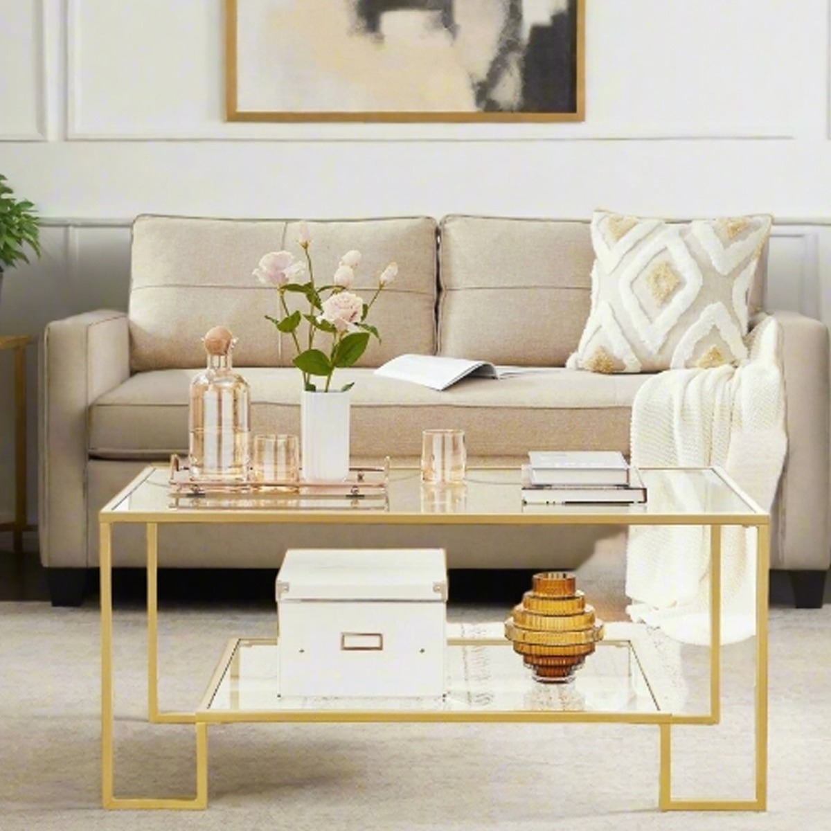 DREVONA Coffee Table Modern Glass Table with Storage and Gold Steel Frame - Gold - The Urban Forge
