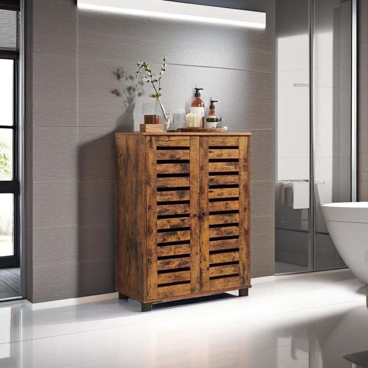 DUVANTI Bathroom Cabinet Floor Storage Unit with Adjustable Shelf - Rustic Brown - The Urban Forge
