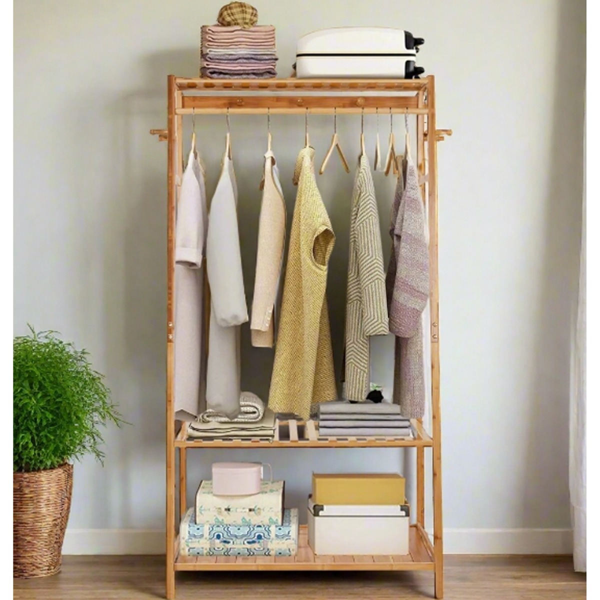 ALVERIX Clothes Rail Bamboo Rack with Top Shelf, Shoe Storage and 10 Hooks - Natural - The Urban Forge