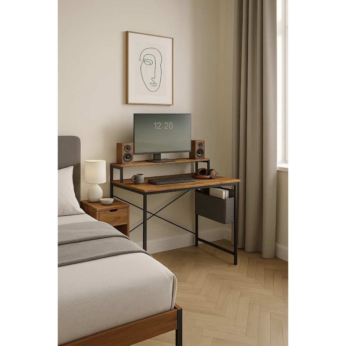 ELDORIA Computer Desk Desk with Monitor Riser, Fabric Pouch and Adjustable Legs - Black - The Urban Forge