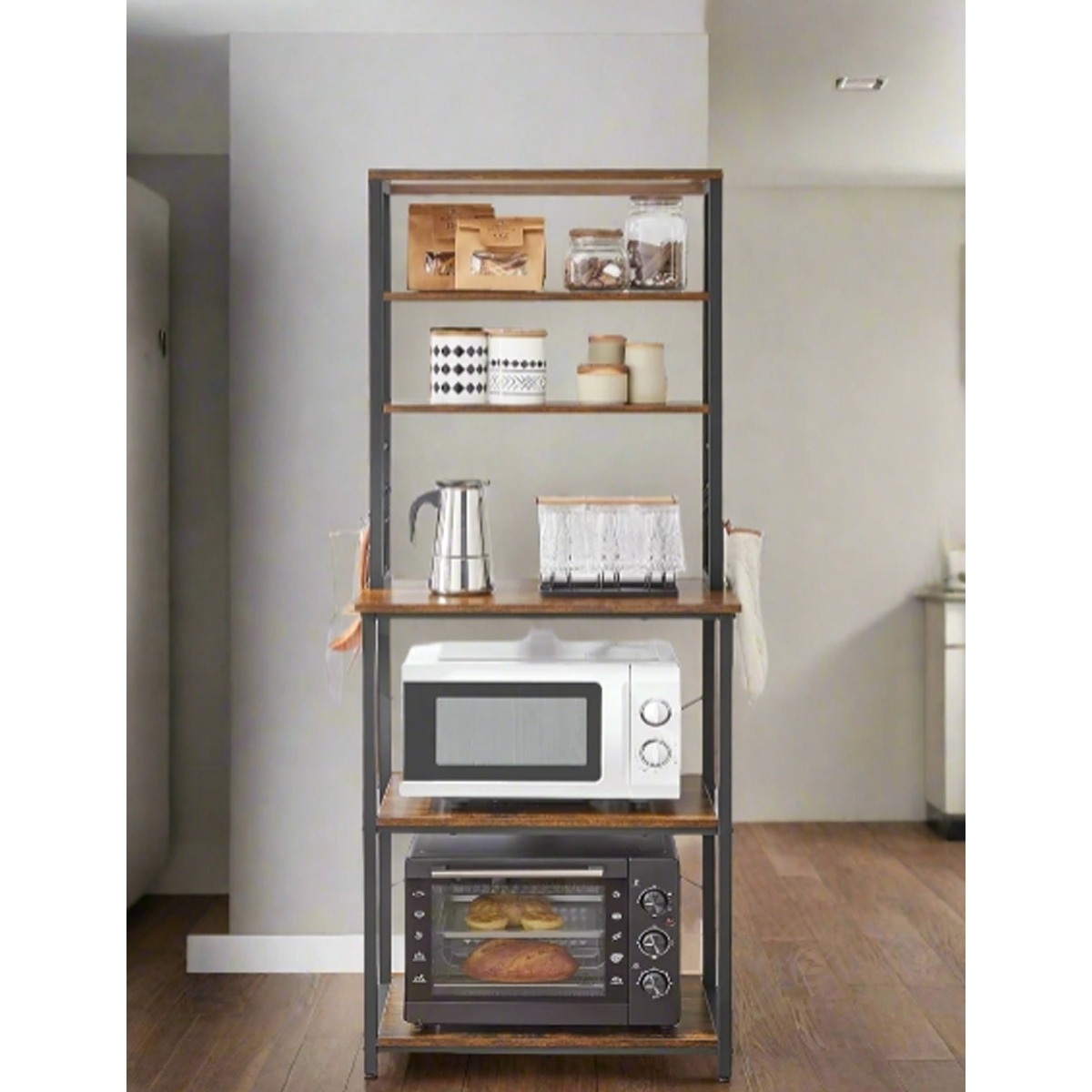 ELDORIA Kitchen Rack Storage Unit with 6 Shelves and Adjustable Middle Shelf - Rustic Brown - The Urban Forge