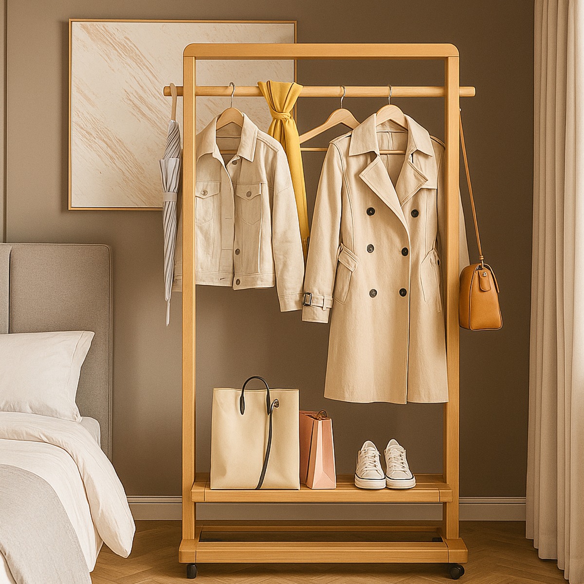 GRALVEN Clothes Rail Rolling Bamboo Garment Rack with Shelf and Wheels - Natural - The Urban Forge