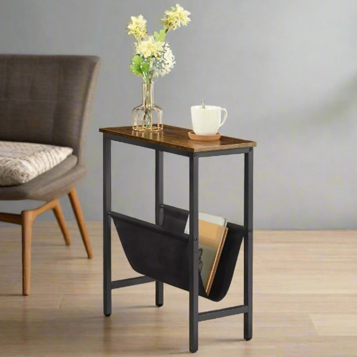 GRALVEN Side Table Narrow Bedside End Table with Metal Frame - Rustic Brown - The Urban Forge