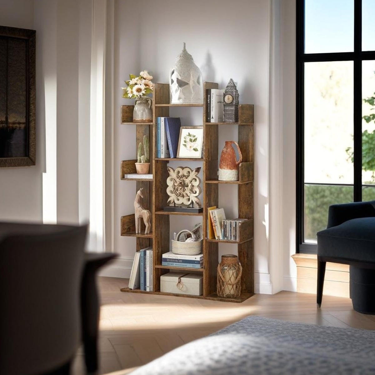 INVERIS Bookcase Tree Shaped Shelf Unit with 13 Storage Levels - Rustic Brown - The Urban Forge