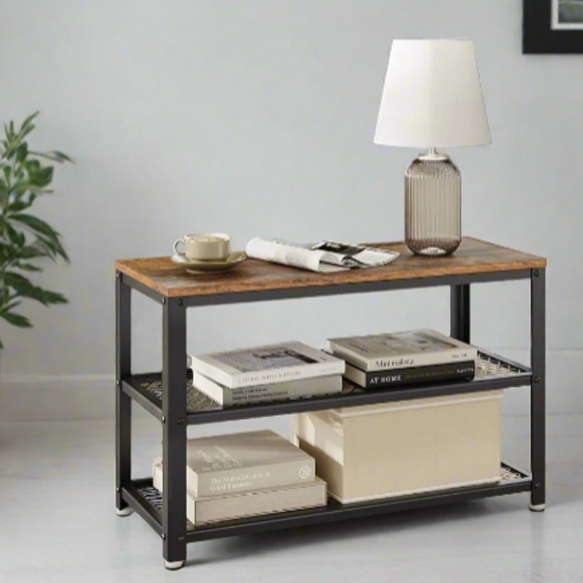 NOVATRA Shoe Bench with Metal Frame and Wooden Shelves - Rustic Brown and Black - The Urban Forge