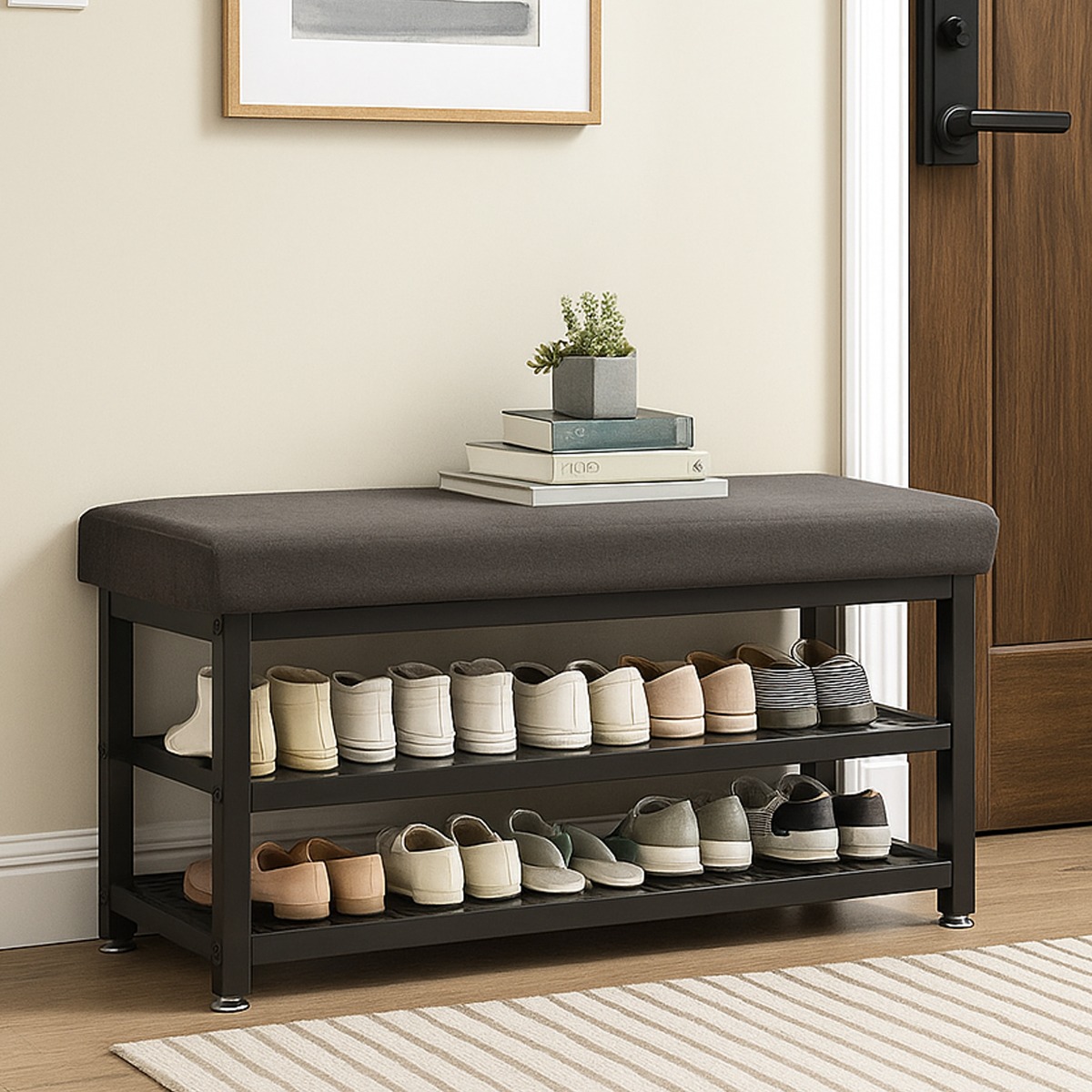 GRALVEN 2-Tier Shoe Bench with Cushion Seat - Rustic Brown and Black - The Urban Forge