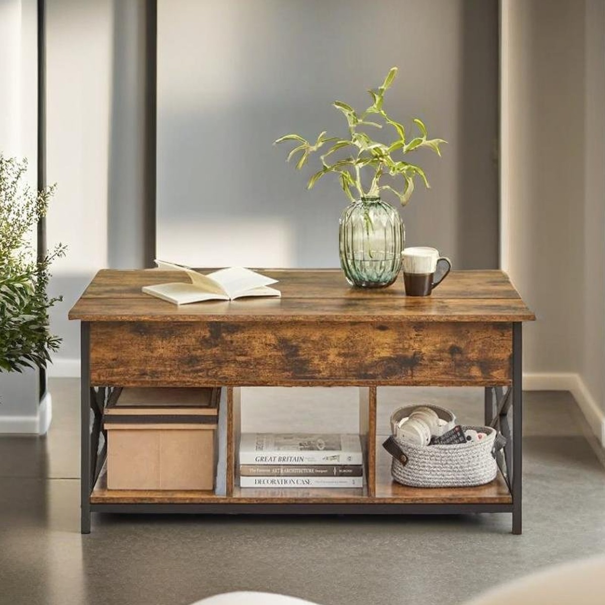 BRIDMERE Coffee Table Lift-Top Extendable Table with Storage Compartment - Rustic Brown - The Urban Forge