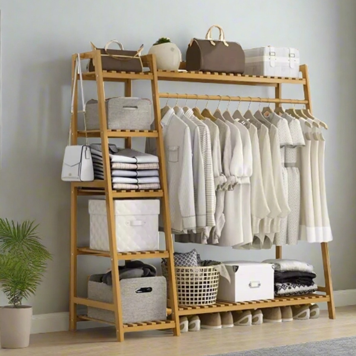 BRIVANE Clothes Rack Bamboo Storage Rack with Shelves and Hanging Rail - Natural - The Urban Forge