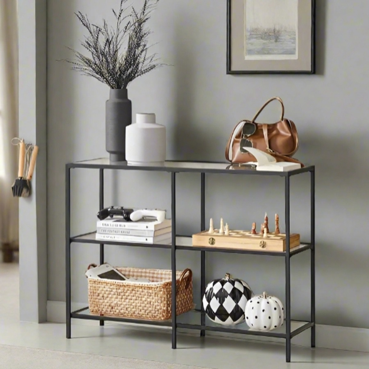 CORTHANE Console Table Modern 3-Tier Table with Tempered Glass Shelves and Black Steel Frame - Black - The Urban Forge
