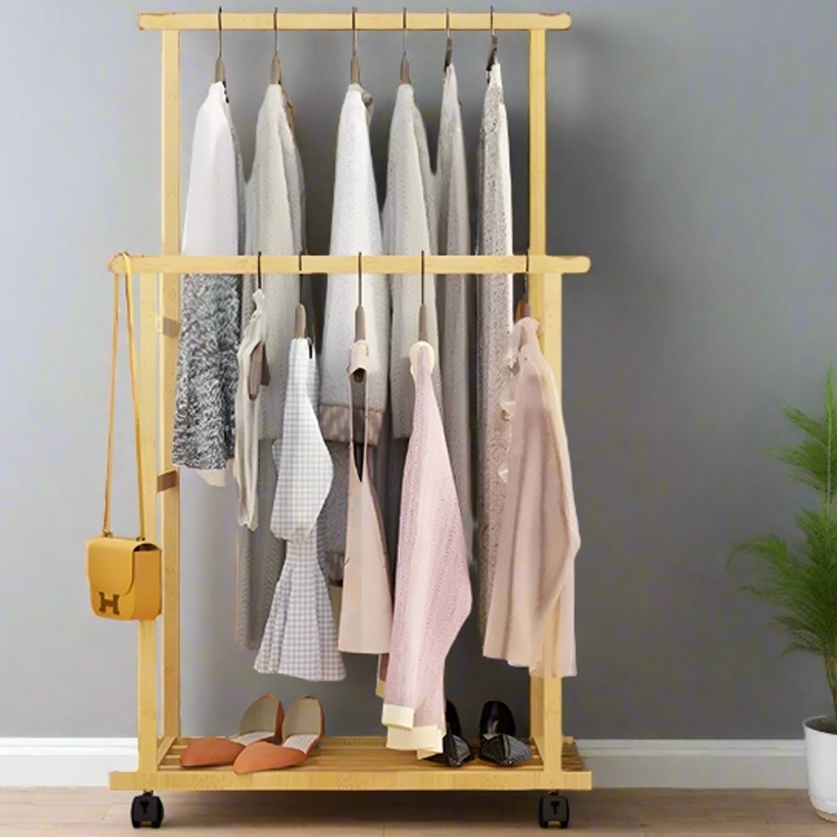 ALVERIX Clothes Rail Large Bamboo Garment Rack with Wheels and Shelves - Natural - The Urban Forge