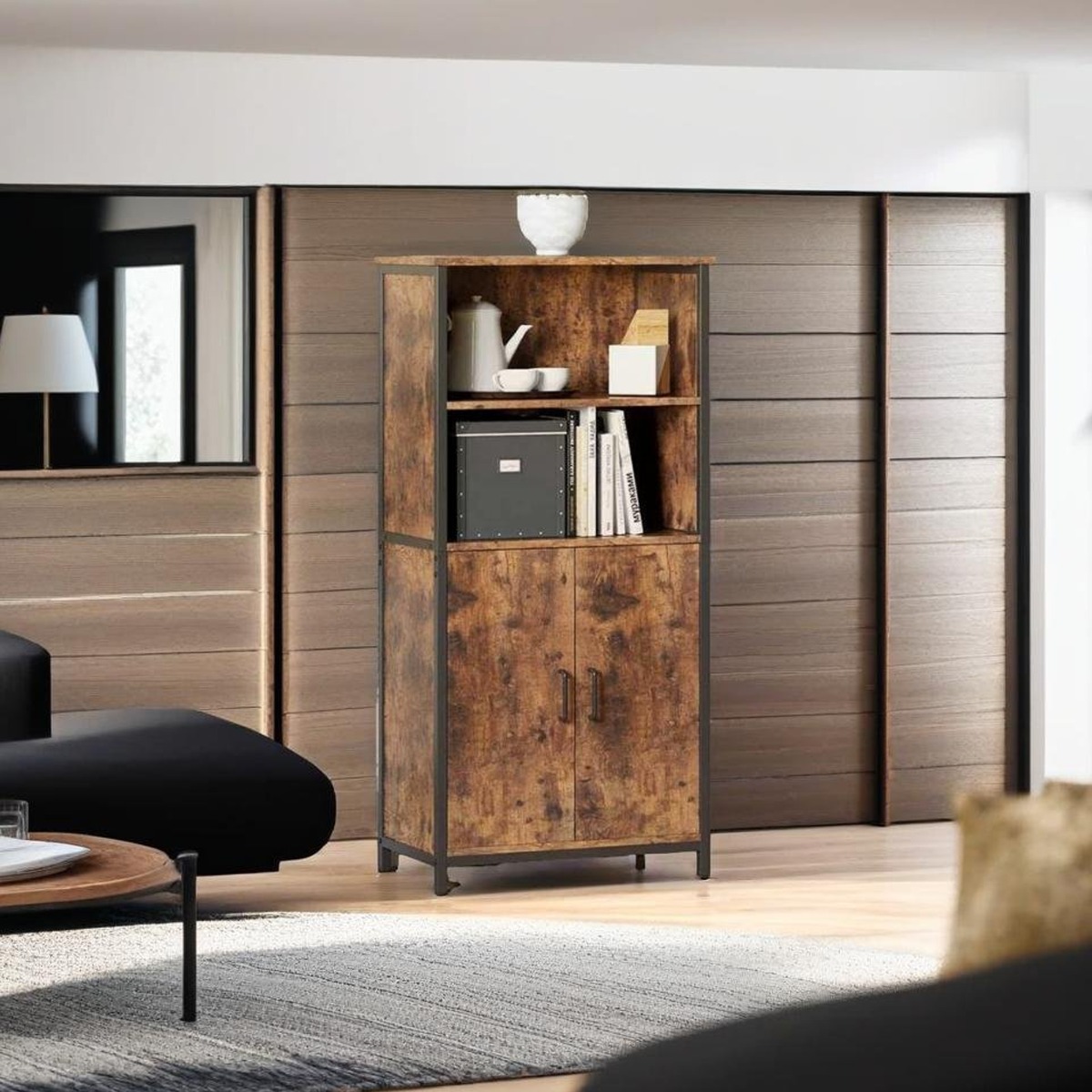 ELVARIS Kitchen Cabinet Freestanding 2 Door with Adjustable Shelf Cabinet- Rustic Brown and Black - The Urban Forge
