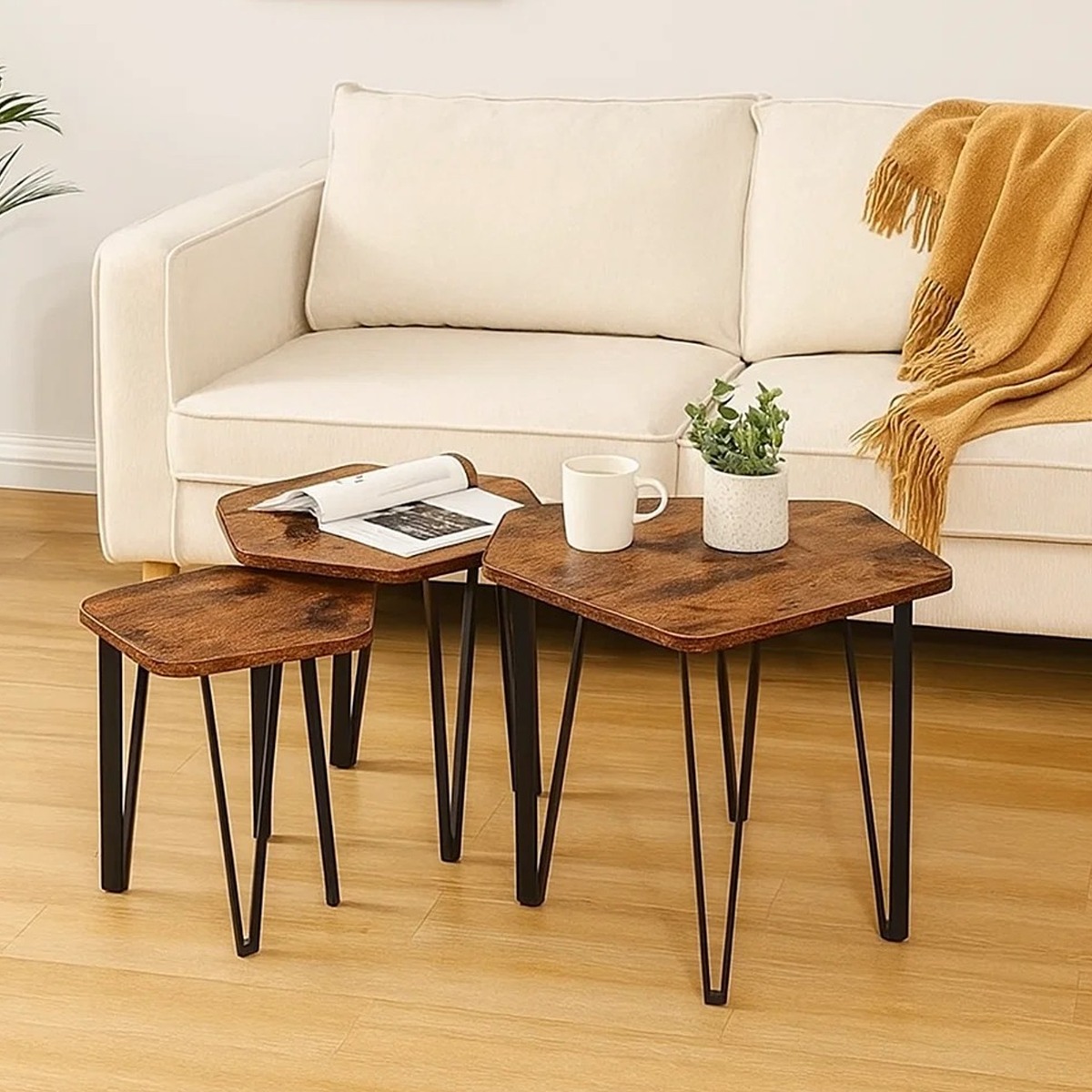 FENVIRA Coffee Tables Set of 3 Nesting Tables with Steel Frames - Rustic Brown and Black - The Urban Forge