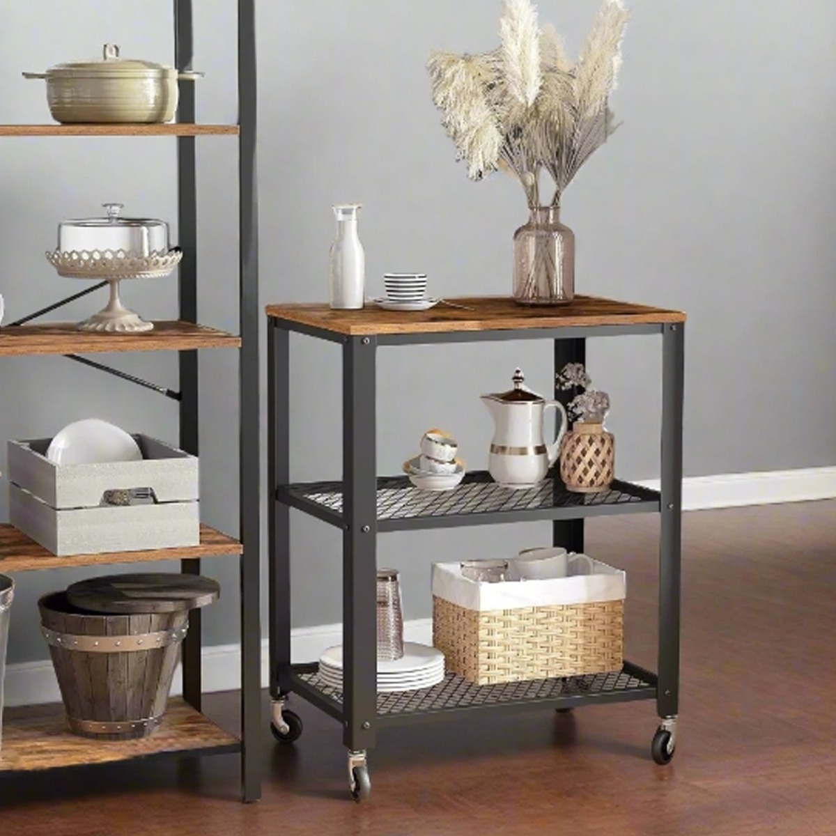 GALVION Serving Trolley 3-Tier Vintage Rolling Kitchen Cart with Wheels - Rustic Brown - The Urban Forge
