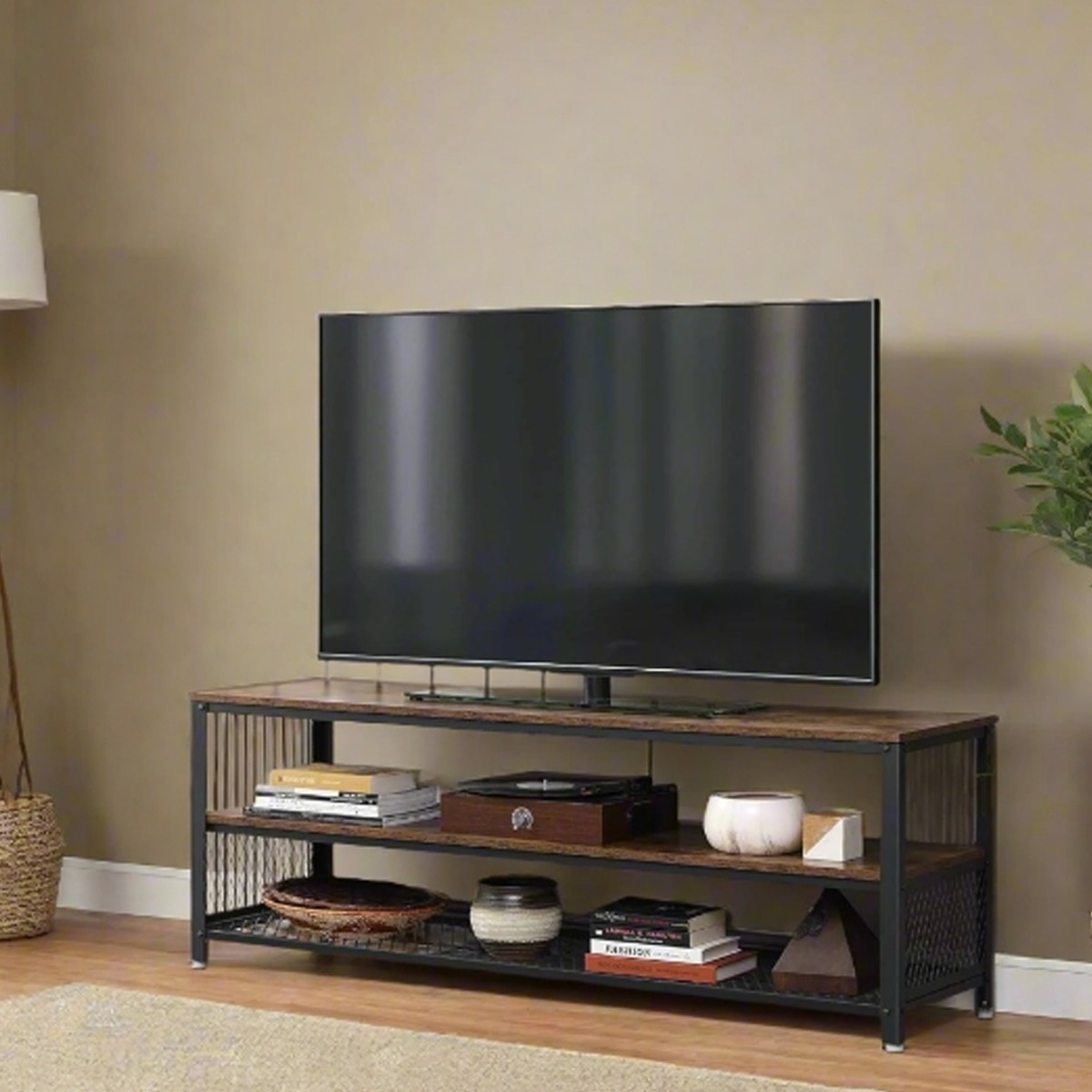 GRALVEN TV Stand 140 cm Console Table with Metal Frame and Shelves - Rustic Brown - The Urban Forge