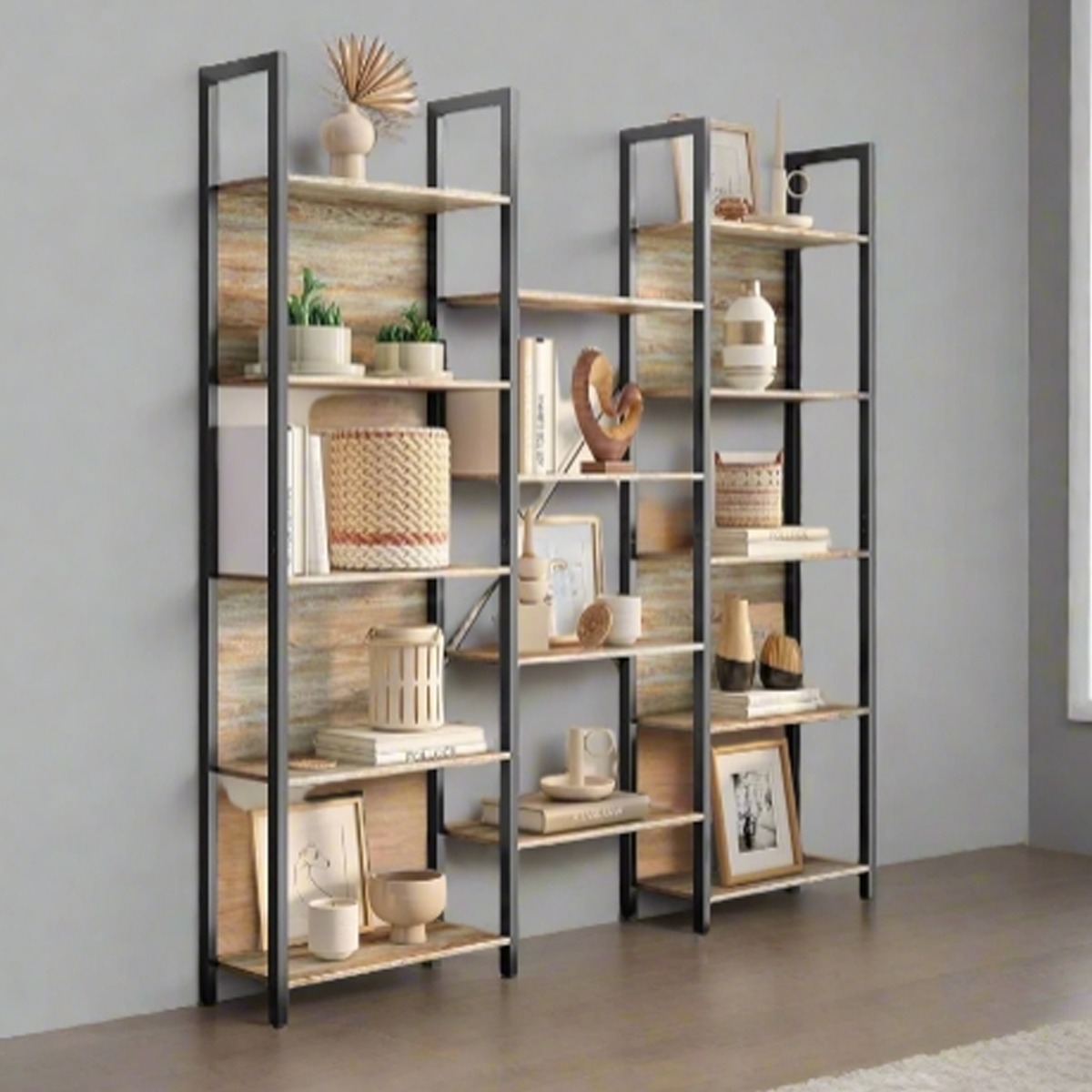 GRALVEN Bookshelf 14-Shelf Bookcase with Metal Frame - Brown and Black - The Urban Forge