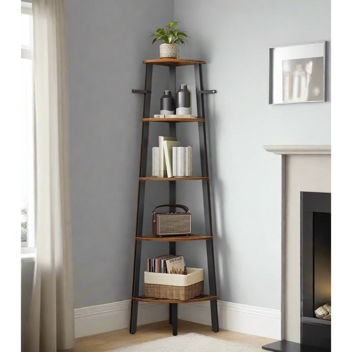 AVELORA Bookcase 5-Tier Ladder Corner Shelf and Plant Stand - Rustic Brown - The Urban Forge