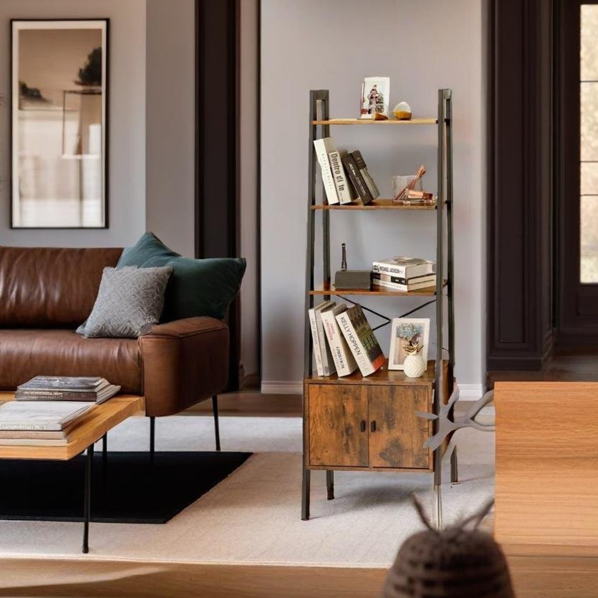 AVELORA Bookcase 4-Tier Ladder Shelf with Cupboard - Rustic Brown - The Urban Forge