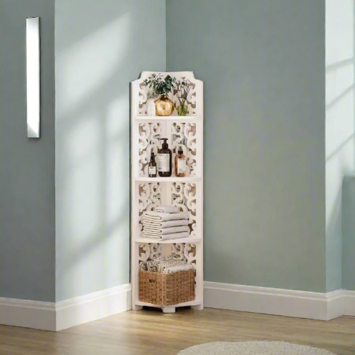 CORTHANE Corner Shelf 4-Tier Free-Standing PVC Storage Unit for Bathroom or Living Room - White - The Urban Forge