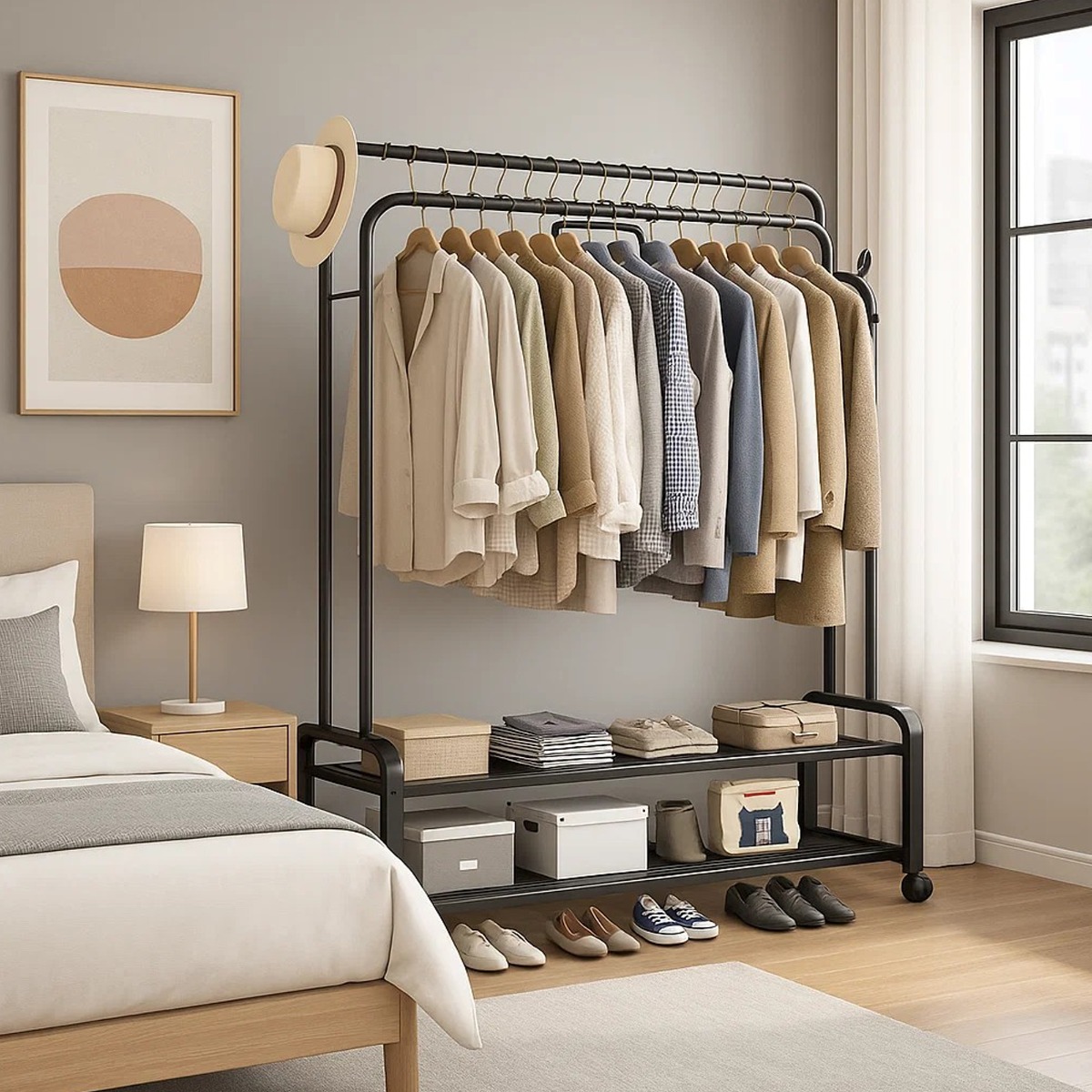 DREVONA Clothes Rack Heavy Duty Double Rail Garment Stand with Wheels - Black - The Urban Forge