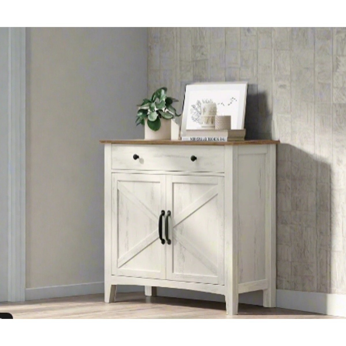 ELDORIA Sideboard Farmhouse Storage Cabinet with Drawer - Rustic White and Honey Brown - The Urban Forge