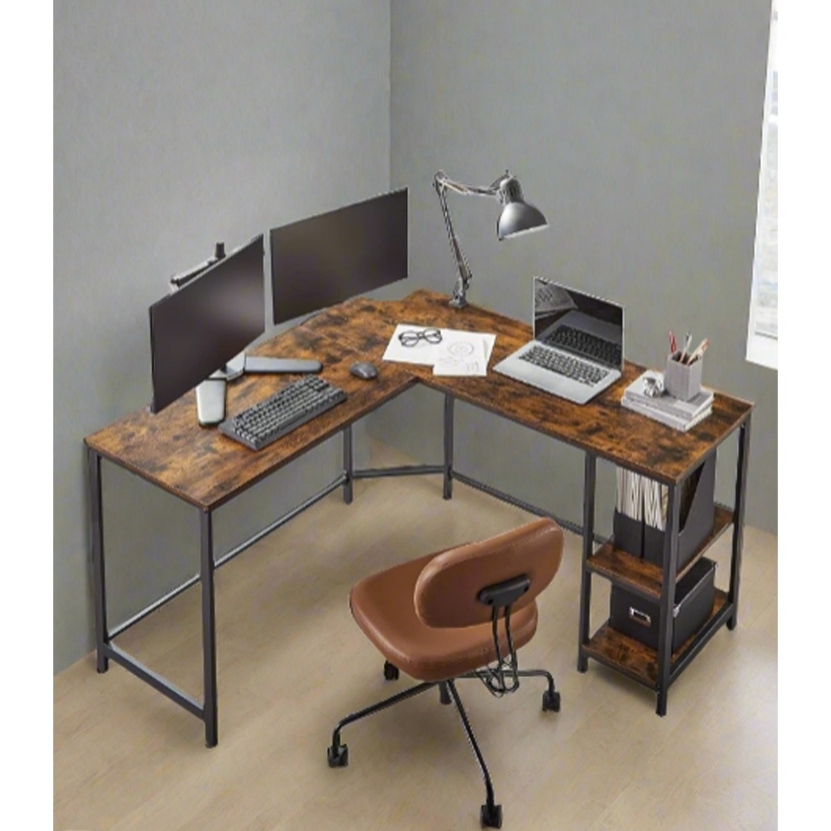 ELVARIS Computer Desk L-Shaped Desk with Storage Shelves - Brown and Black - The Urban Forge
