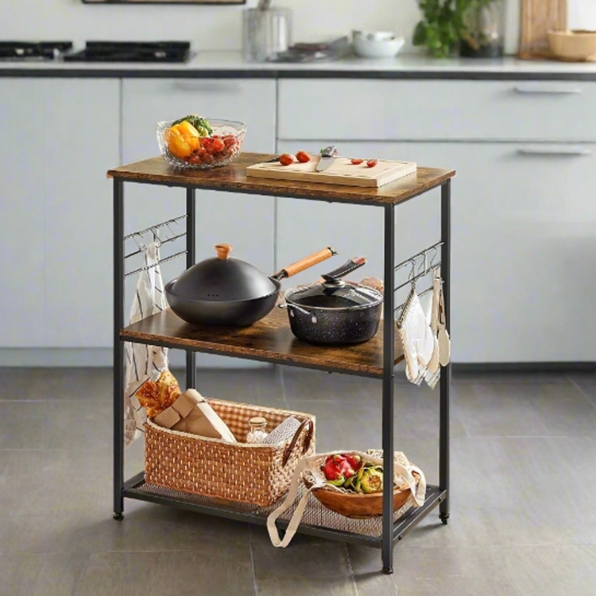 FENVIRA Kitchen Rack Bakers Rack with 3 Shelves and Hooks - Rustic Brown and Black - The Urban Forge