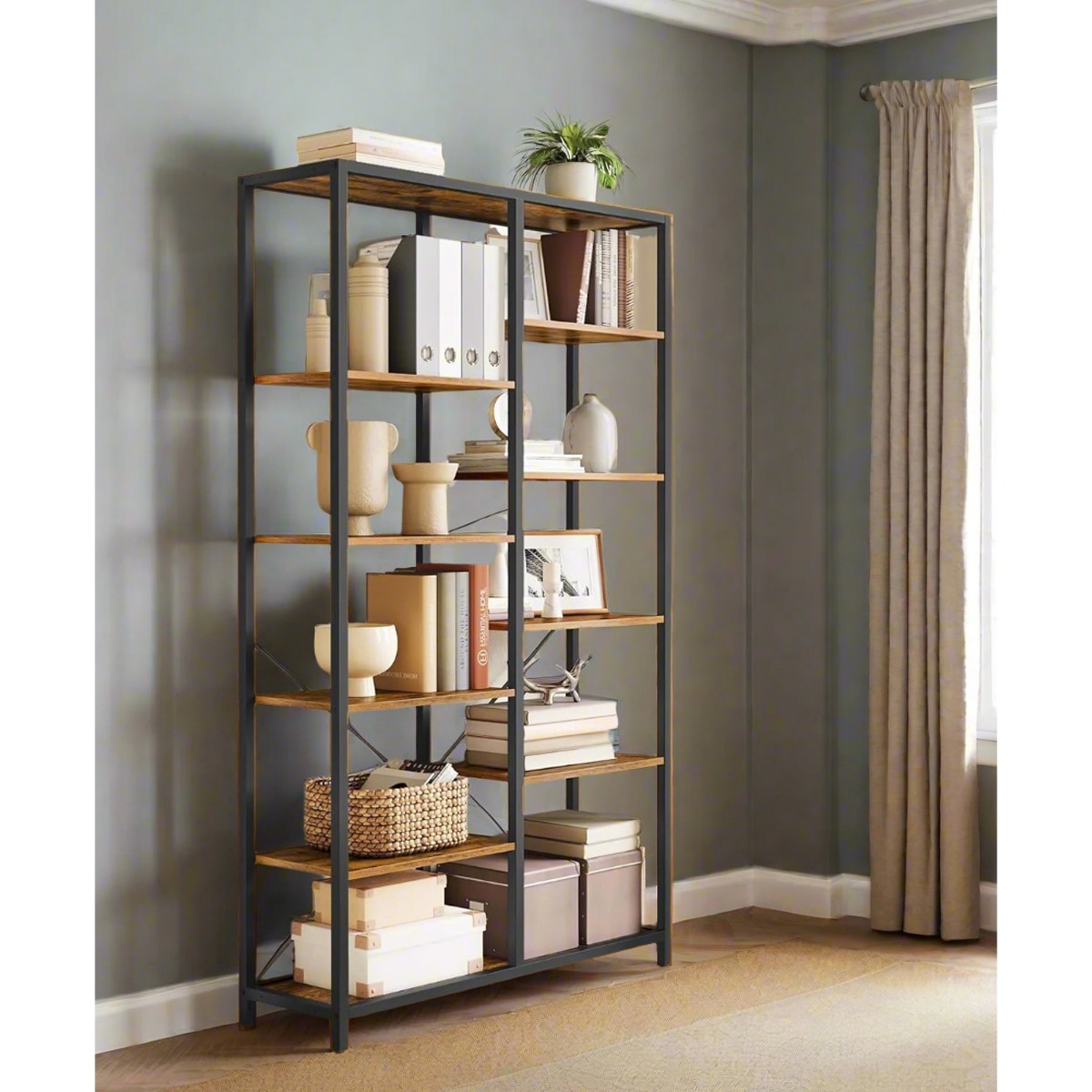 FENVIRA Bookcase 5-Tier Bookshelf with 10 Compartments - Rustic Brown and Black - The Urban Forge