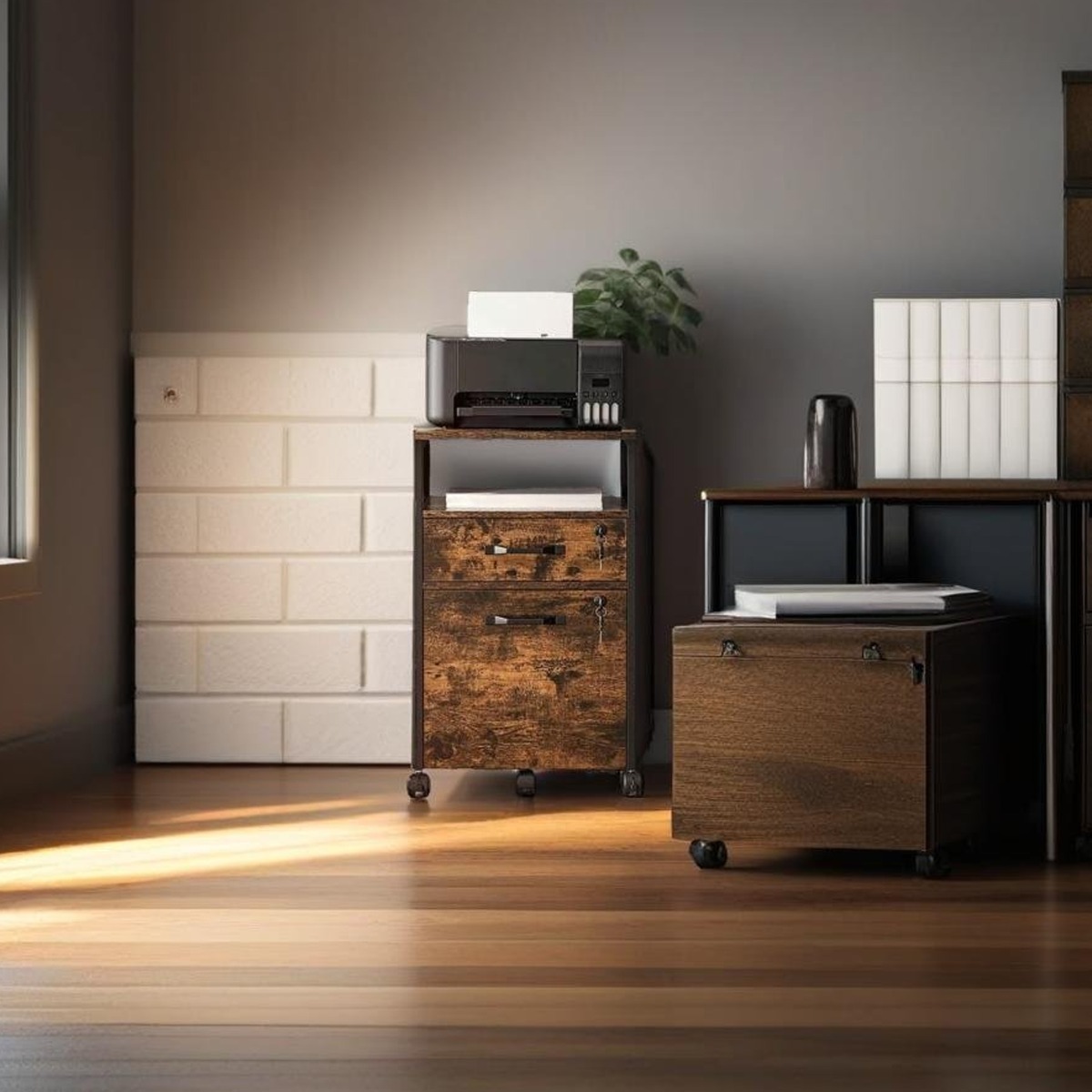 HESTORA Filing Cabinet Mobile Drawer Unit with Lock and Wheels - Rustic Brown - The Urban Forge
