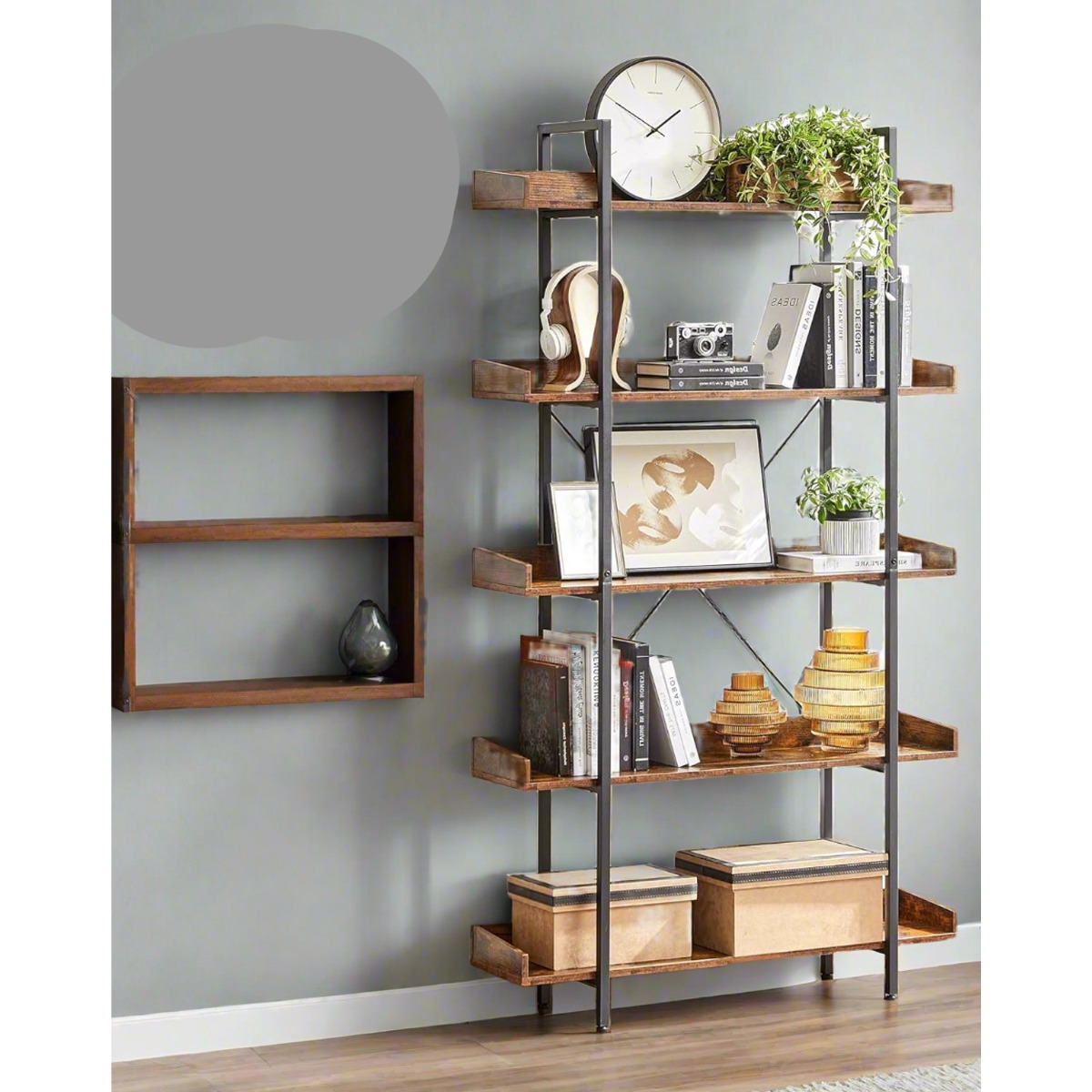 INVERIS Bookcase 5-Tier Open Shelving Unit - Rustic Brown - The Urban Forge
