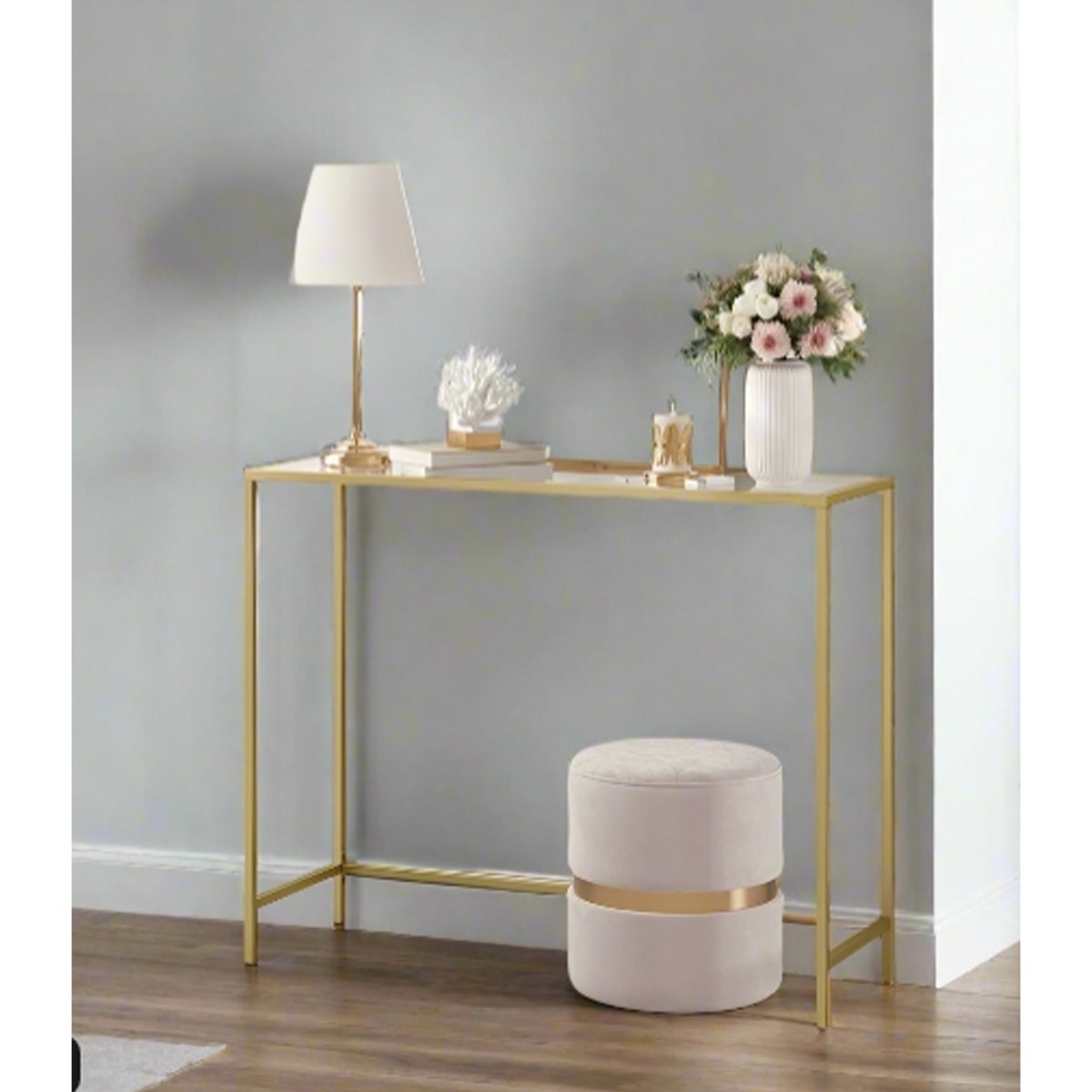 CORTHANE Console Table Modern Gold Metal Table with Tempered Glass Top - Gold - The Urban Forge