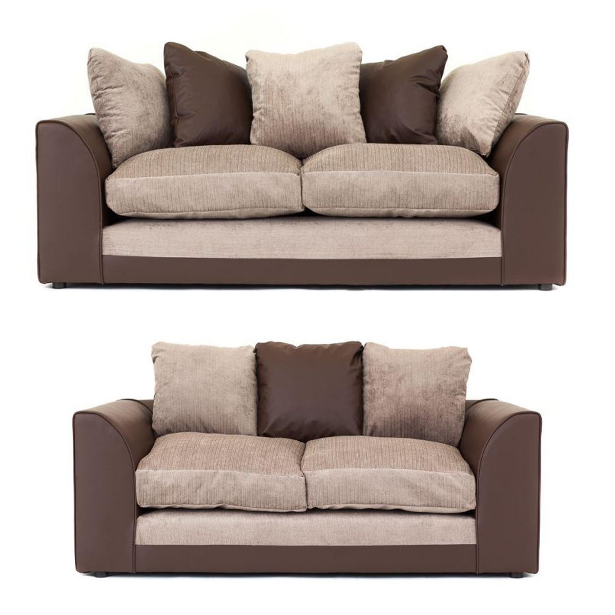 DYLAN Faux Leather and Chenille Fabric 3 and 2 Seater Scatterback Sofa Set - Brown and Beige - Home Done