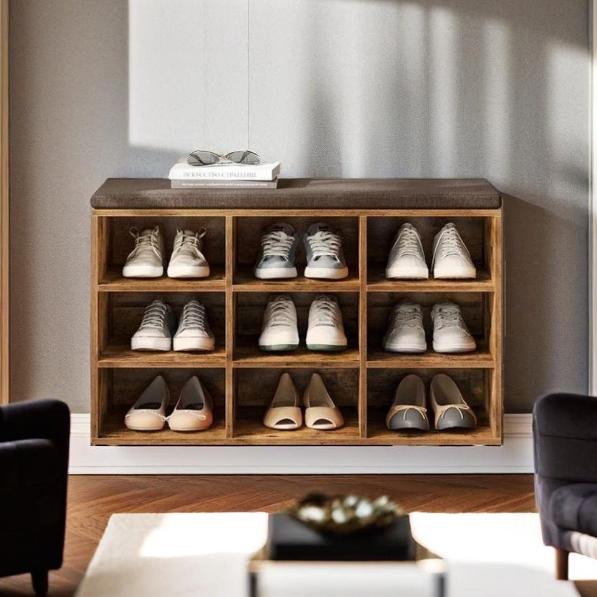 ELVARIS Shoe Storage Bench with Removable Cushion Seat - Rustic Brown - The Urban Forge
