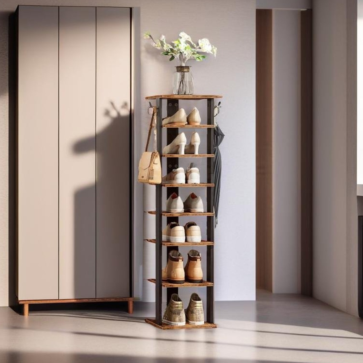 KESTRELLE 8-Tier Wooden Shoe Rack with Side Hooks - Rustic Brown - The Urban Forge
