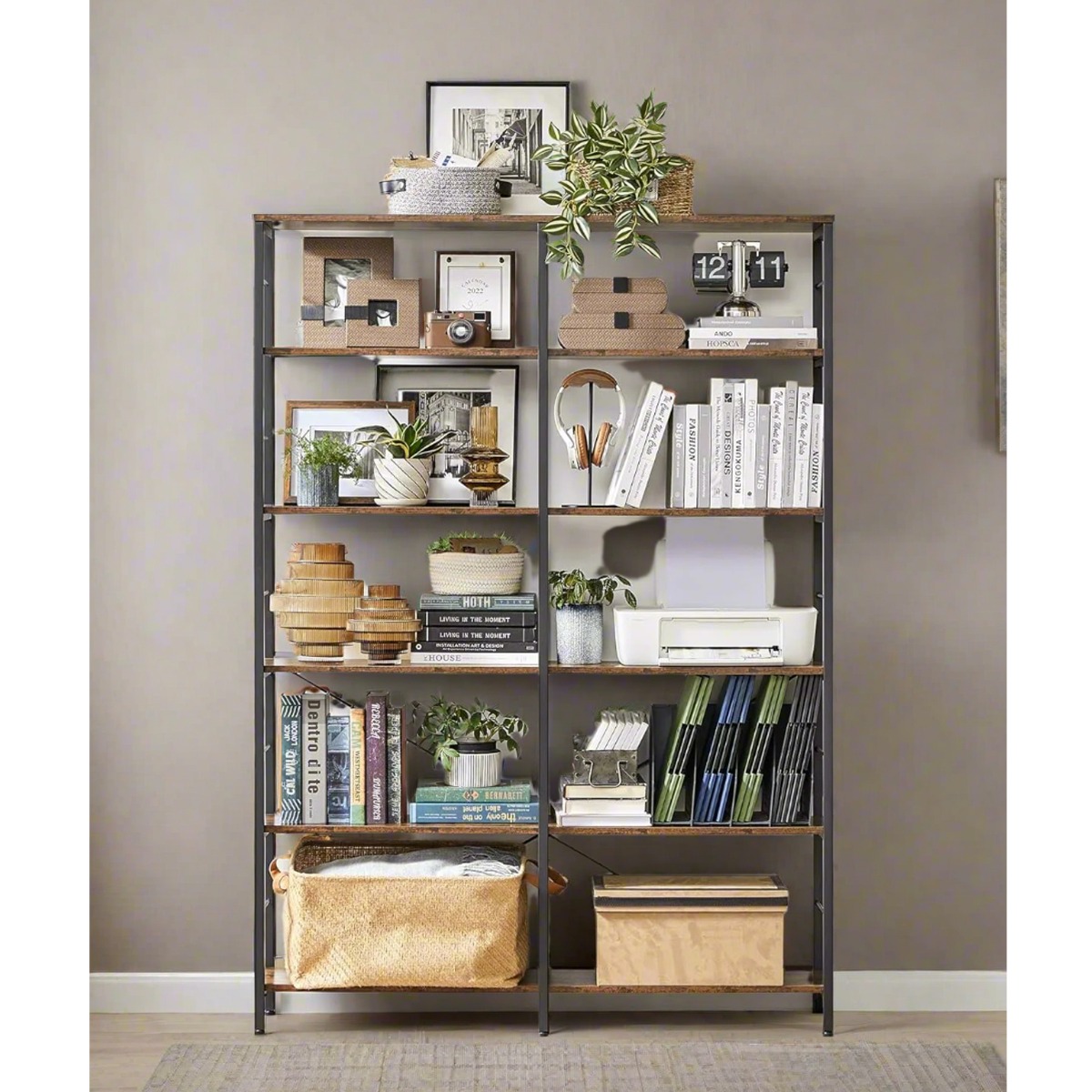 DREVONA Bookshelf 6-Tier Bookcase with Steel Frame - Rustic Brown and Black - The Urban Forge