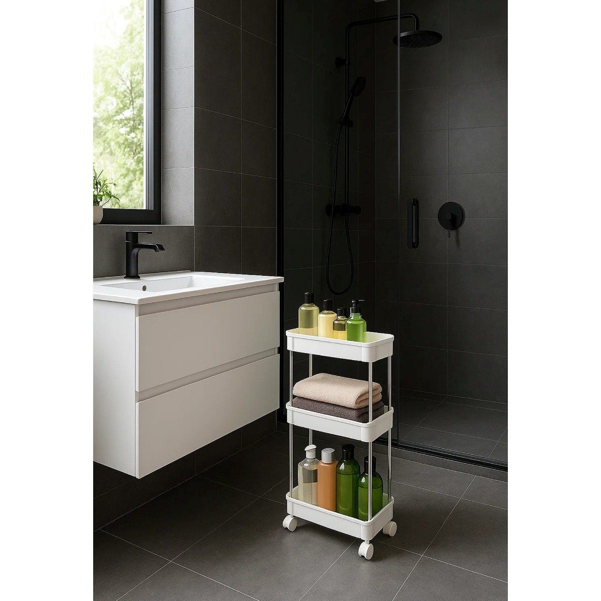 DREVONA Storage Trolley 3-Tier Slim Rolling Utility Cart for Kitchen or Bathroom - White - The Urban Forge