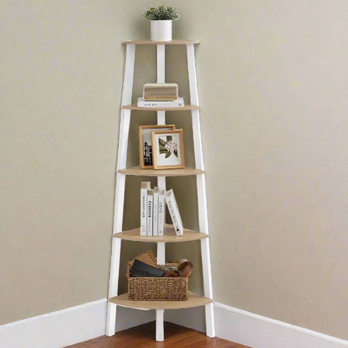 ELDORIA Corner Shelf 5-Tier Oak and White Ladder Display Unit for Living Room or Bedroom - Oak and White - The Urban Forge
