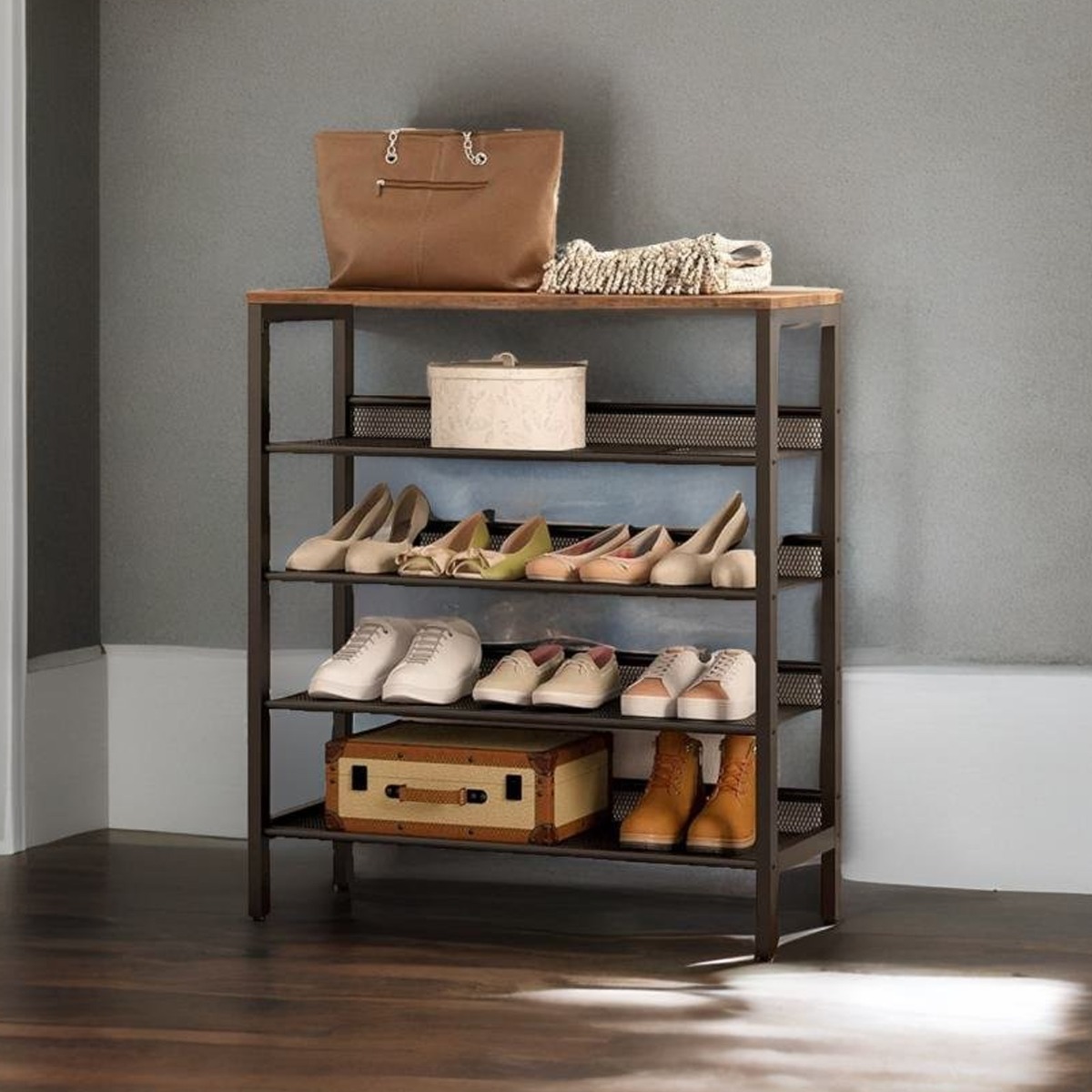KESTRELLE 5-Tier Wooden Shoe Rack with Metal Frame - Rustic Brown and Black - The Urban Forge