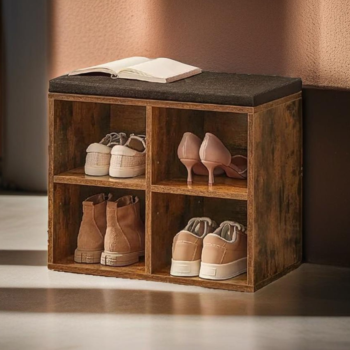 ULVERIS Shoe Storage Bench with Adjustable Shelves and Cushion Seat - Rustic Brown - The Urban Forge