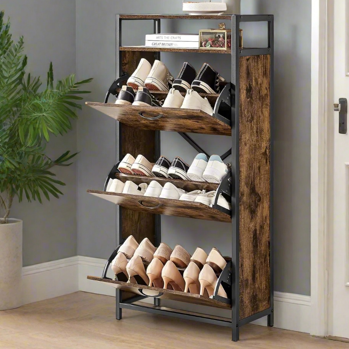 FENVIRA Slim 3-Tier Shoe Cabinet with Fold-Out Compartments - White - The Urban Forge
