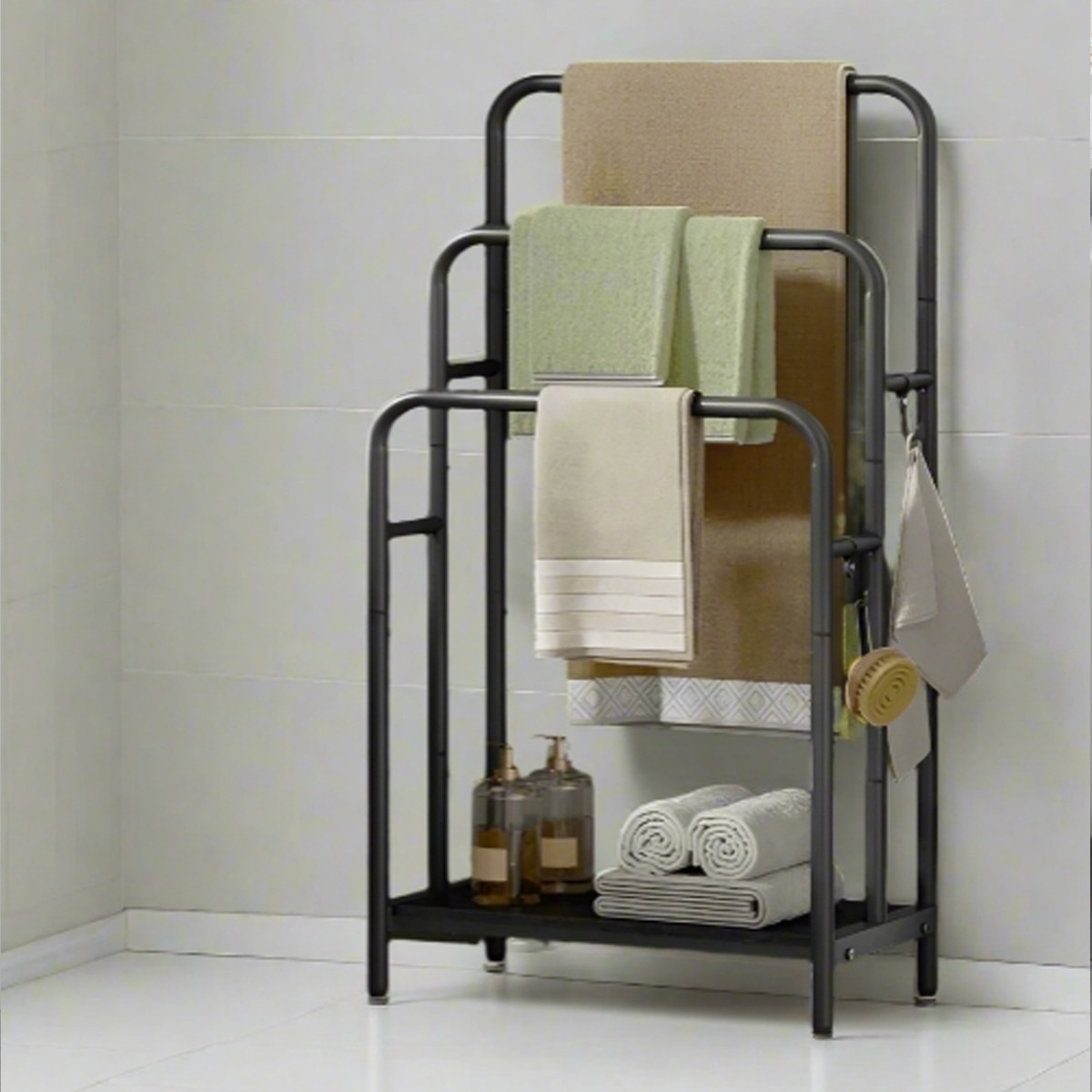 ALVERIX Towel Rack 3-Bar Freestanding Rack with Hooks and Shelf - Ink Black - The Urban Forge