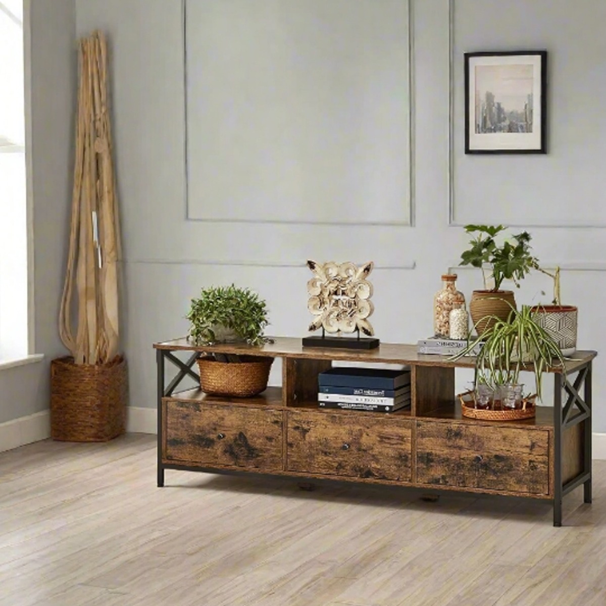 DREVONA TV Stand Media Console with 3 Drawers and 3 Shelves for TVs up to 65-Inch - Rustic Brown - The Urban Forge