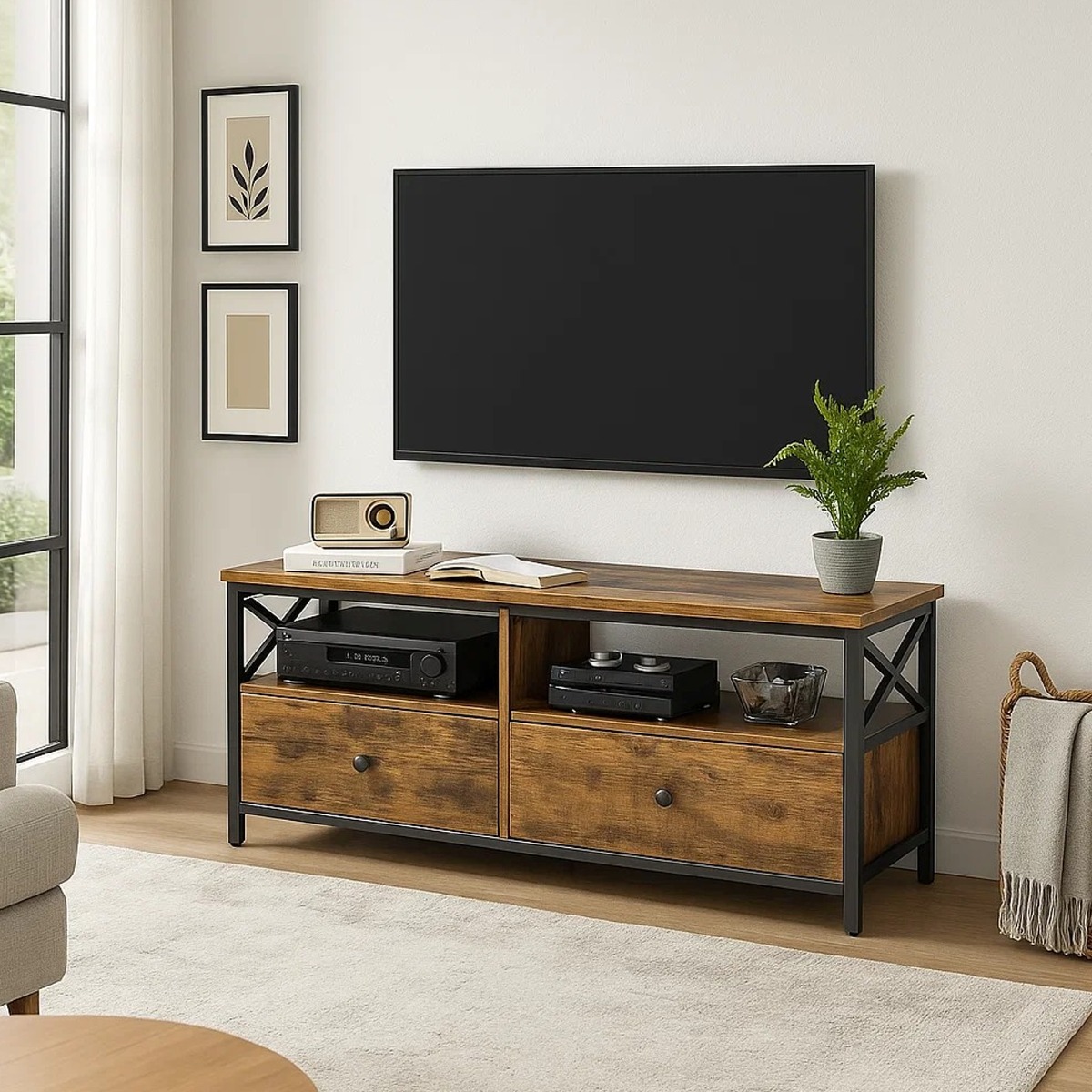 DREVONA TV Stand Cabinet with 2 Drawers and Open Shelves for 55-Inch TV - Rustic Brown - The Urban Forge