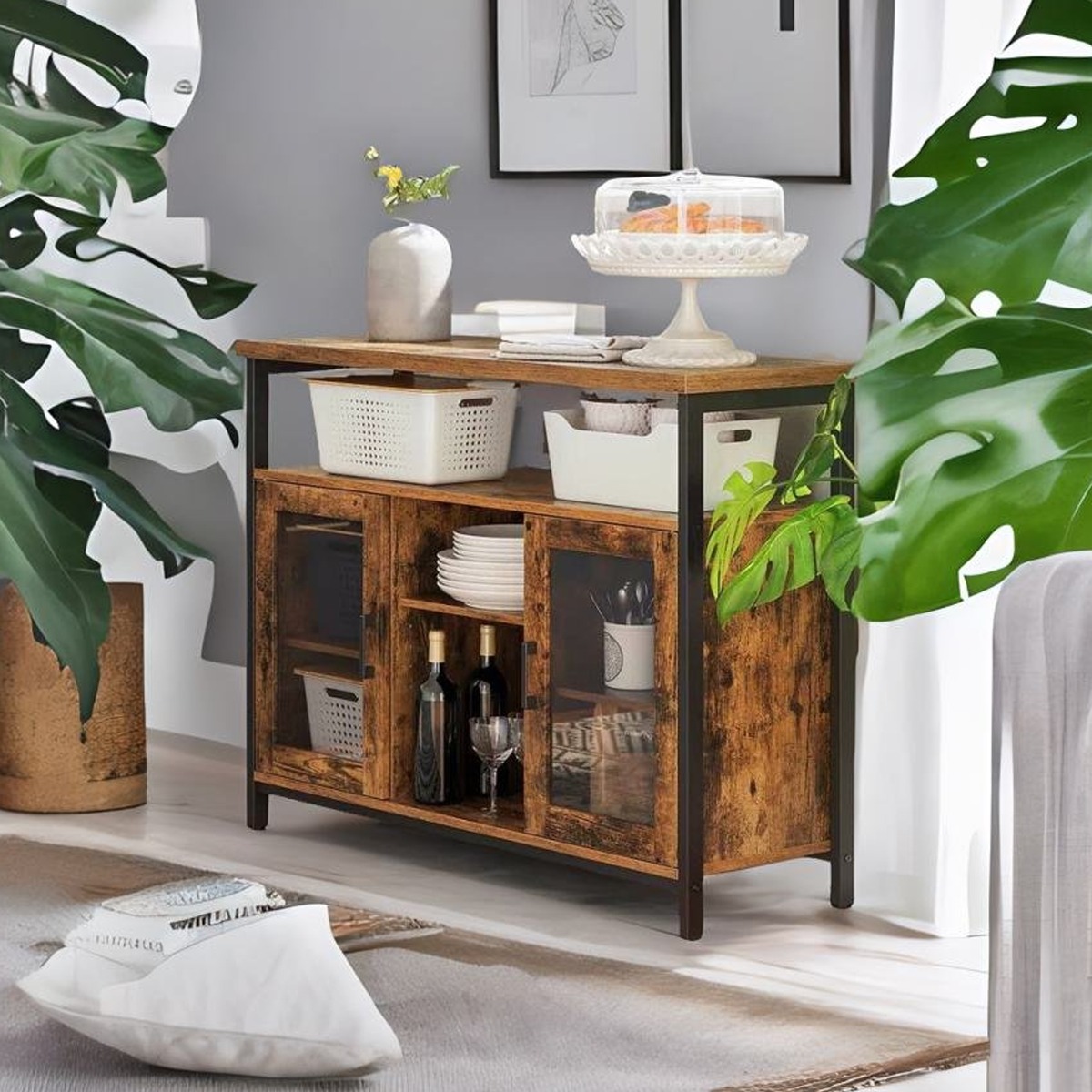 DUVANTI Sideboard Rustic Buffet Cabinet with Glass Doors - Rustic Brown - The Urban Forge