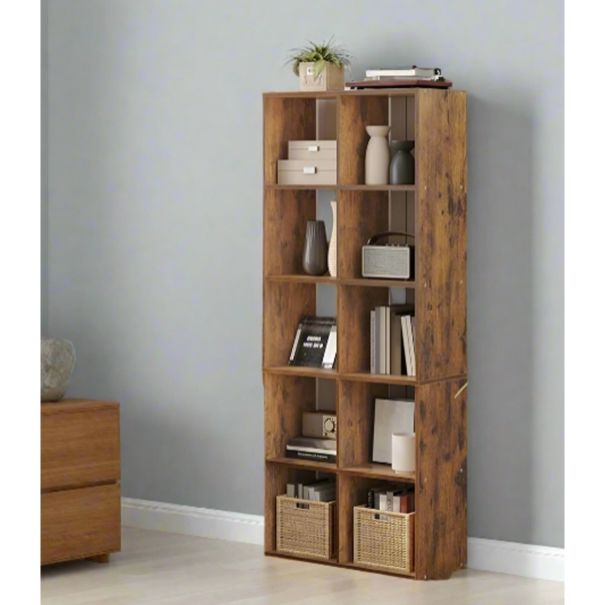 ELDORIA Bookcase 10-Cube Bookshelf Storage Unit - Rustic Brown - The Urban Forge