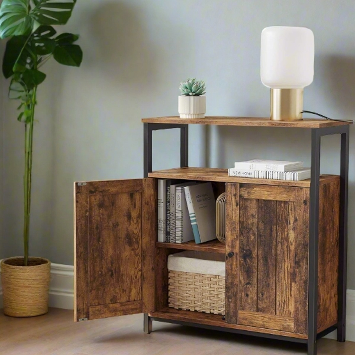 FINTORA Storage Cabinet Slat Door Unit with Adjustable Shelves - Rustic Brown - The Urban Forge