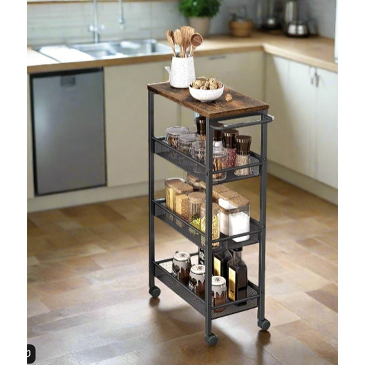 GALVION Kitchen Trolley Slim 4-Shelf Rolling Cart with Wheels - Rustic Brown and Black - The Urban Forge
