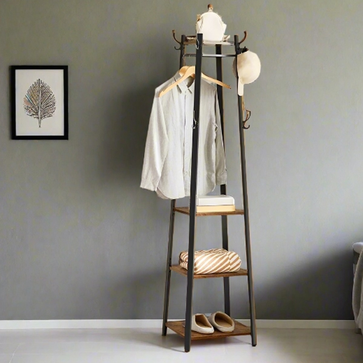 GALVION Coat Rack Stand with Hooks and 3-Tier Storage Shelves - Black and Rustic Brown - The Urban Forge