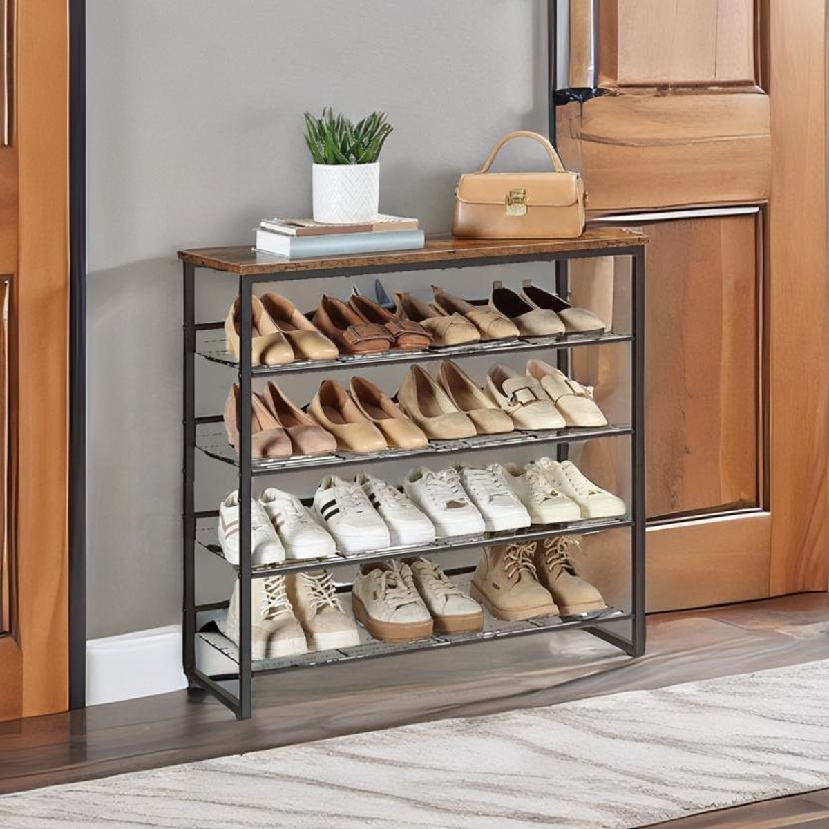 QUIVANTE 5-Tier Shoe Rack with Adjustable Wire Shelves - Rustic Brown and Black - The Urban Forge
